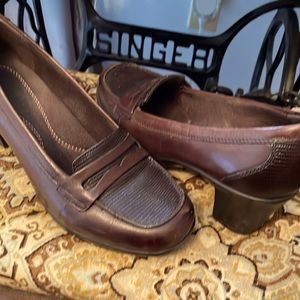 Clarke’s brown heeled loafer